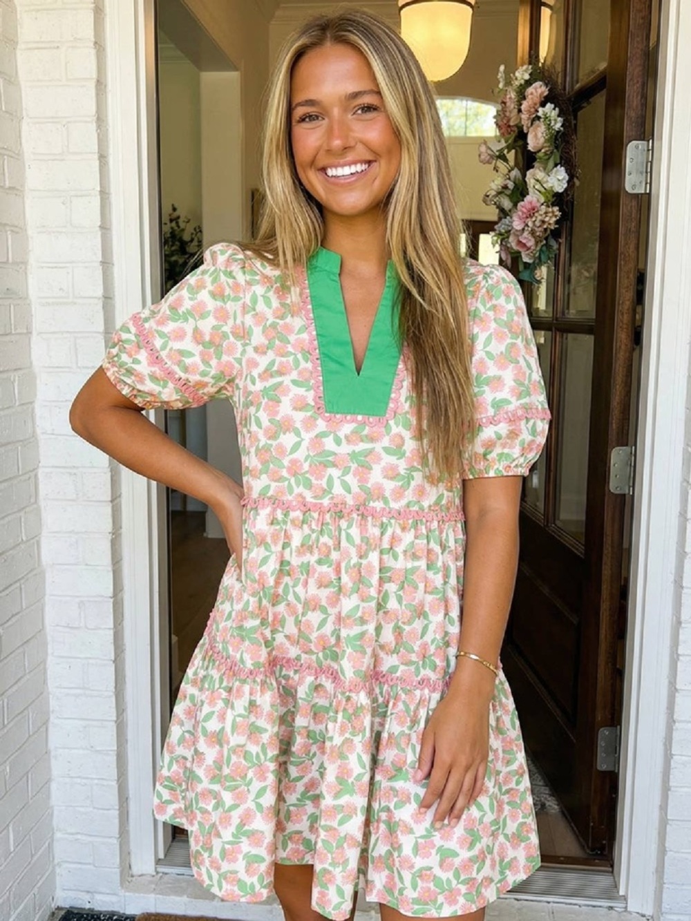 LA Society Green Missy Ricrac Trim Floral Puff Sleeve Dress